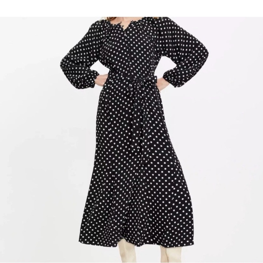 Chic Black and White Polka Dot Long Sleeve Dress